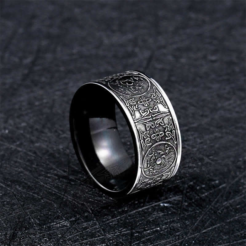 Wear FengShui Four Guardian Beast Dragon White Tiger Suzaku Basalt Carved Success Luck Ring