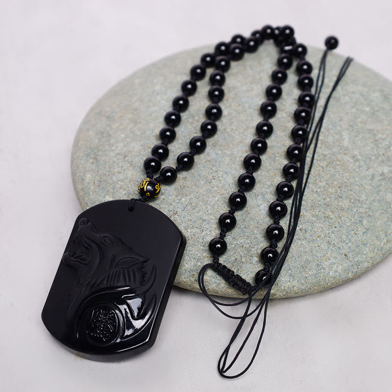 Wear FengShui Black Obsidian Stone Wolf Purification Pendant Necklace