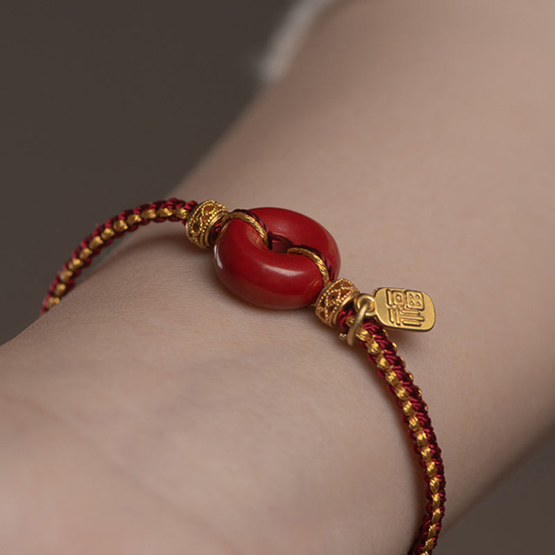 Wear FengShui Natural Cinnabar Peace Buckle Fu Character Charm Blessing Braided Bracelet