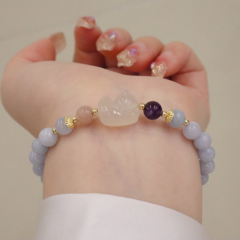 Wear FengShui Natural Aquamarine Chalcedony Serenity Rabbit Gourd Cat Charm Bracelet