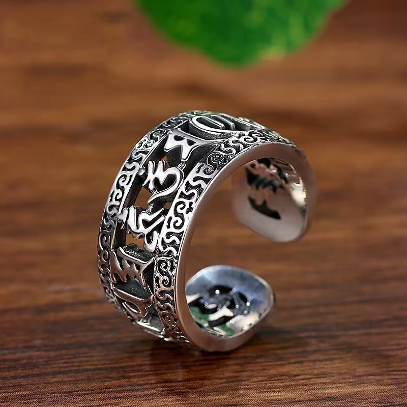 Wear FengShui Vintage Tibet Om Mani Padme Hum Carved Hollow Design Purity Ring