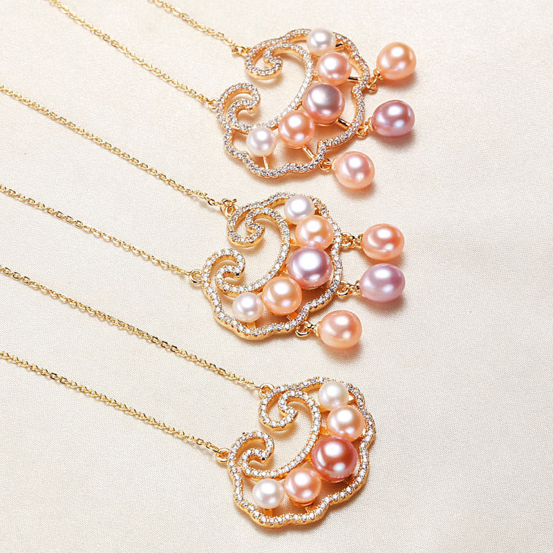 Wear FengShui 18K Gold Plated Natural Pearl Chinese Lock Charm Sincerity Necklace Pendant