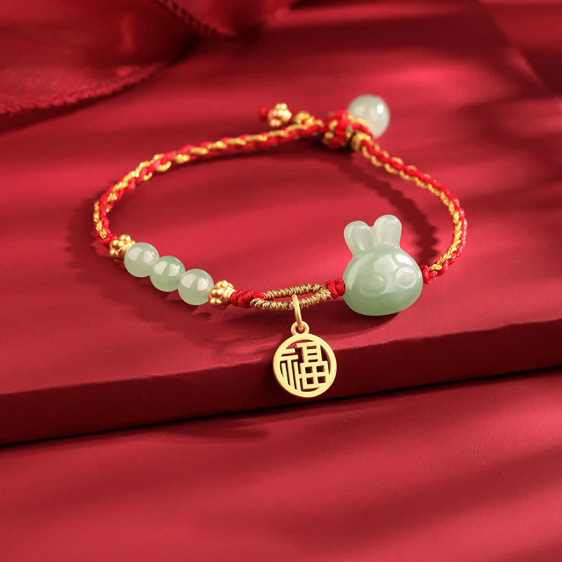Wear FengShui 925 Sterling Silver Year of the Rabbit Hetian Jade Happiness Luck Red String Bracelet
