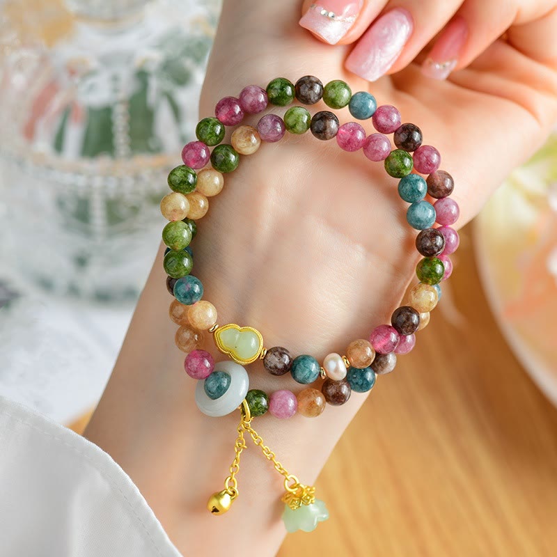 Wear FengShui Multicolored Tourmaline Gourd Wisdom Double Wrap Lily Of The Valley Charm Bracelet