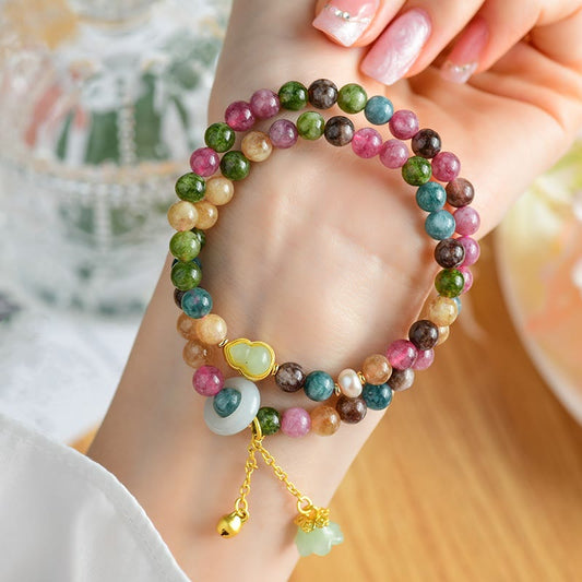 Wear FengShui Multicolored Tourmaline Gourd Wisdom Double Wrap Lily Of The Valley Charm Bracelet