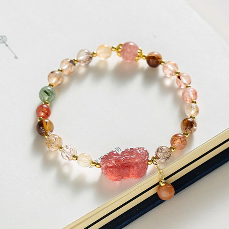 Wear FengShui Natural Rutilated Quartz Strawberry Quartz PiXiu Wealth Bracelet