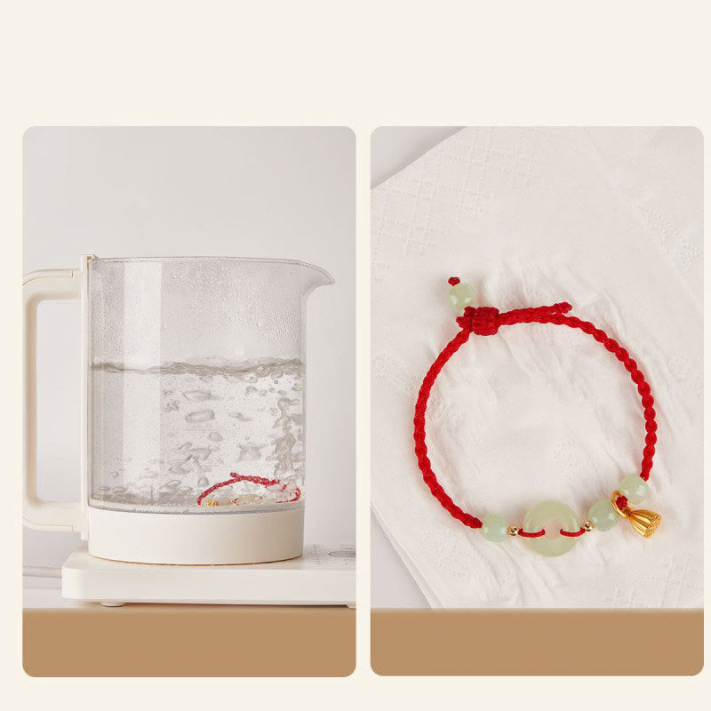 Wear FengShui Round Peace Buckle Jade Lotus Happiness Abundance Wealth String Bracelet