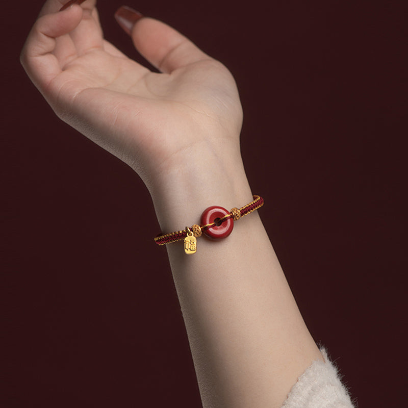 Wear FengShui Natural Cinnabar Peace Buckle Fu Character Charm Blessing Braided Bracelet