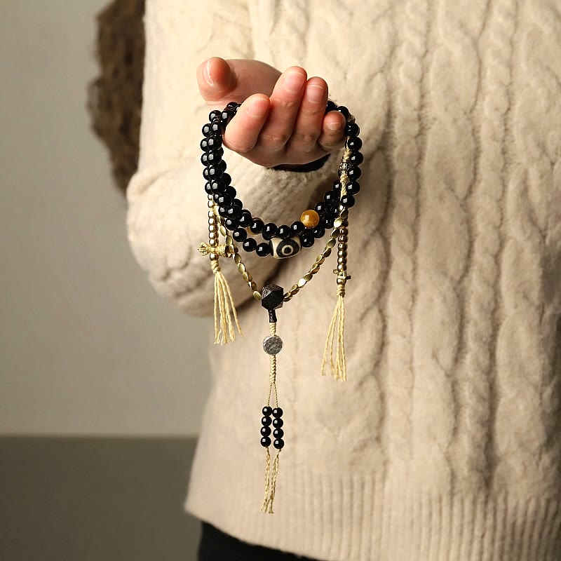 Wear FengShui Tibetan 108 Mala Beads Black Onyx Three-eyed Dzi Beads Protection Bracelet