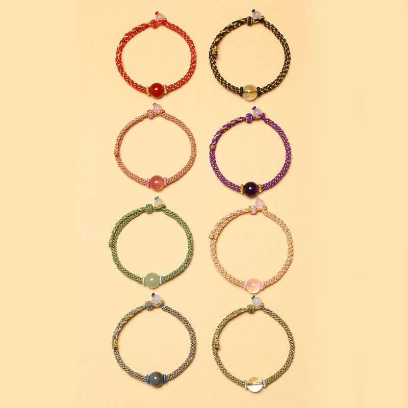 Wear FengShui Handmade Red Agate Amethyst Golden Rutilated Quartz Pink Crystal Bead Calm Braided Bracelet