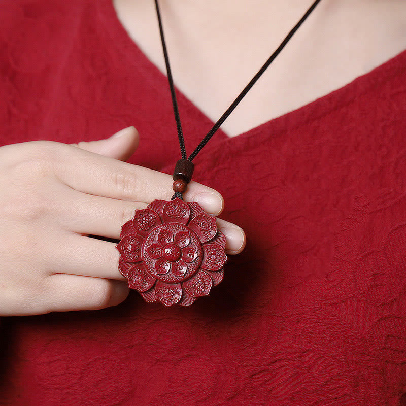Wear FengShui Natural Cinnabar Lotus Om Mani Padme Hum Blessing Necklace String Pendant