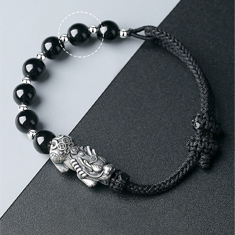 Wear FengShui 999 Sterling Silver FengShui PiXiu Natural Black Obsidian 925 Sterling Silver Bead Strength Bracelet
