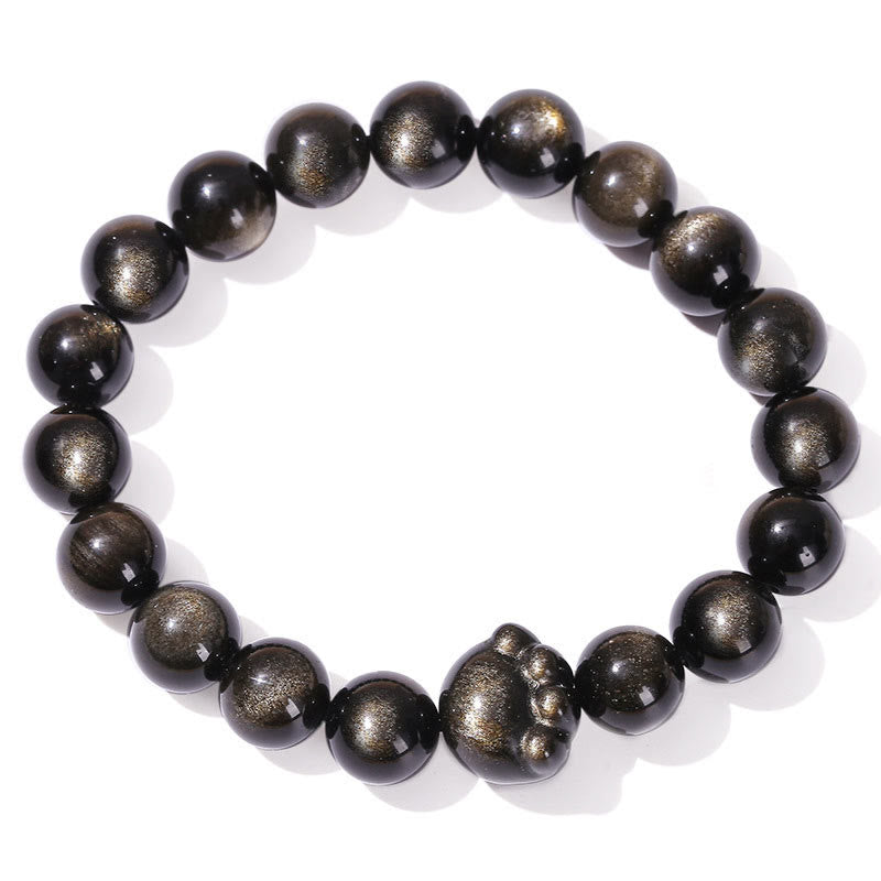 Wear FengShui Natural Gold Sheen Obsidian Silver Sheen Obsidian Cute Cat Paw Claw Wealth Bracelet