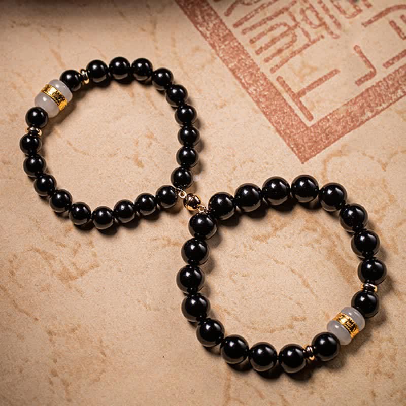 Wear FengShui Black Obsidian Jade Om Mani Padme Hum Strength Couple Magnetic Bracelet