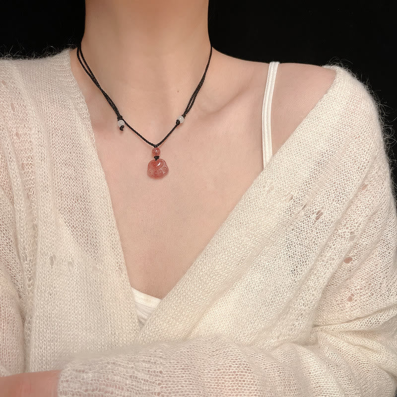 Wear FengShui Strawberry Quartz Lovely Cat Paw Claw Healing Necklace Pendant