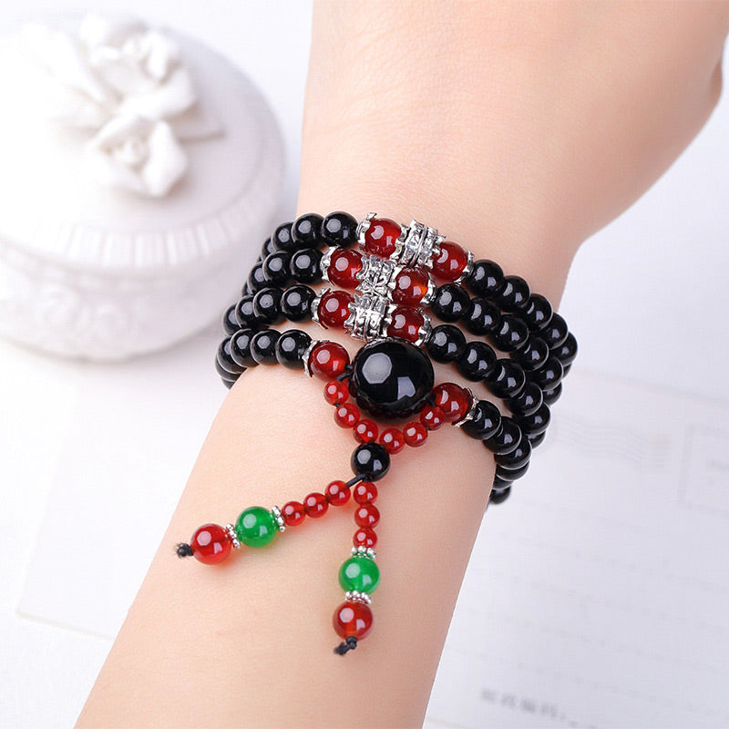 Wear FengShui 108 Beads Natural Black Obsidian Tiger Eye Mala Bracelet