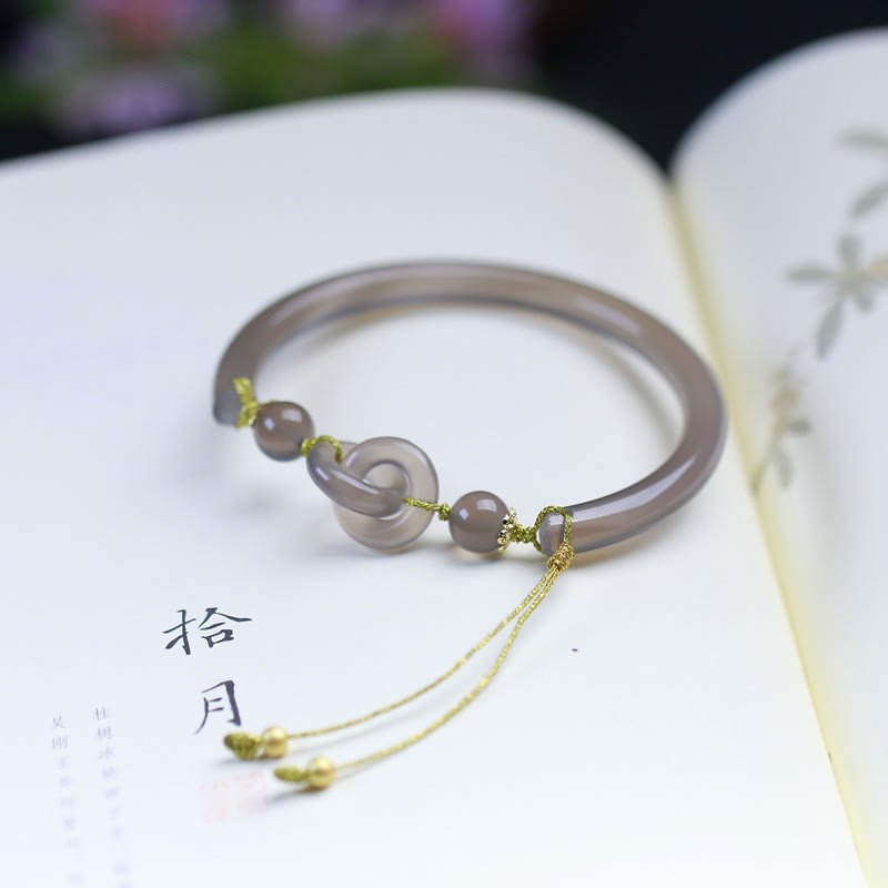 Wear FengShui Natural Gray Agate Double Peace Buckle Balance Bracelet Bangle