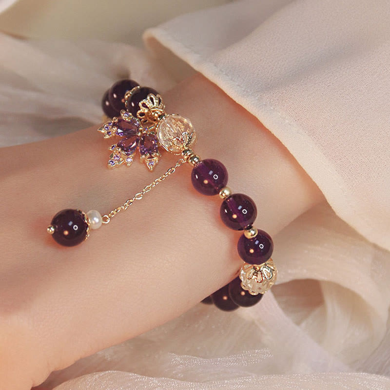 Wear FengShui 14k Gold Plated Natural Amethyst Healing Maple Leaf Charm Bracelet