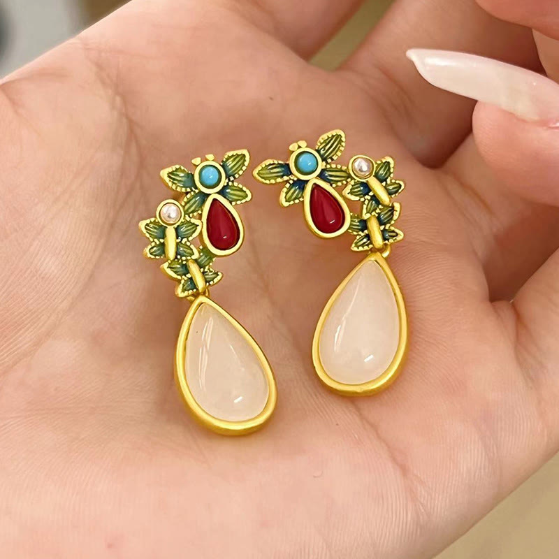 Wear FengShui Water Drop White Jade Red Agate Butterfly Protection Drop Dangle Earrings
