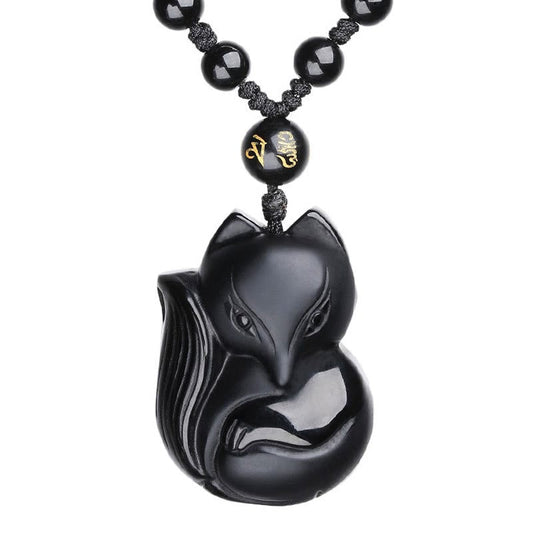 Wear FengShui Natural Black Obsidian Tiger Eye Ice Obsidian Fox Pendant Amulet Necklace