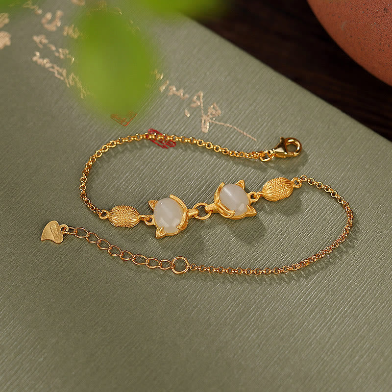 Wear FengShui 925 Sterling Silver Natural Hetian White Jade Cyan Jade Lovely Fox Luck Bracelet