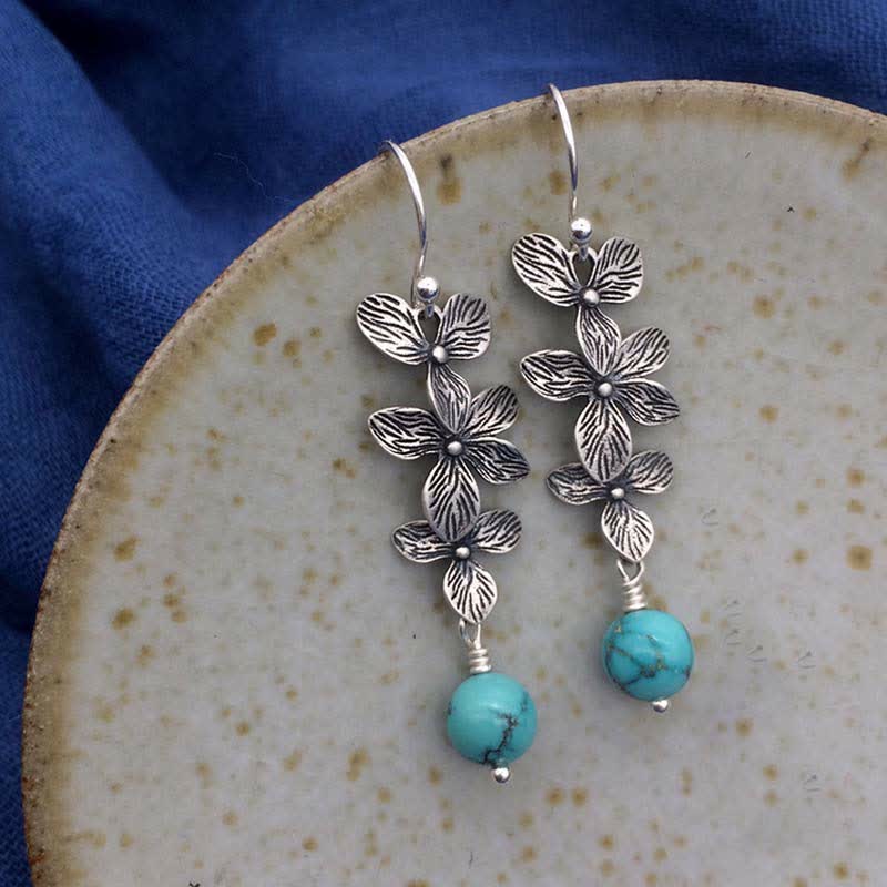 Wear FengShui 925 Sterling Silver Turquoise Lazurite Flower Leaf Serenity Protection Hook Drop Dangle Earrings