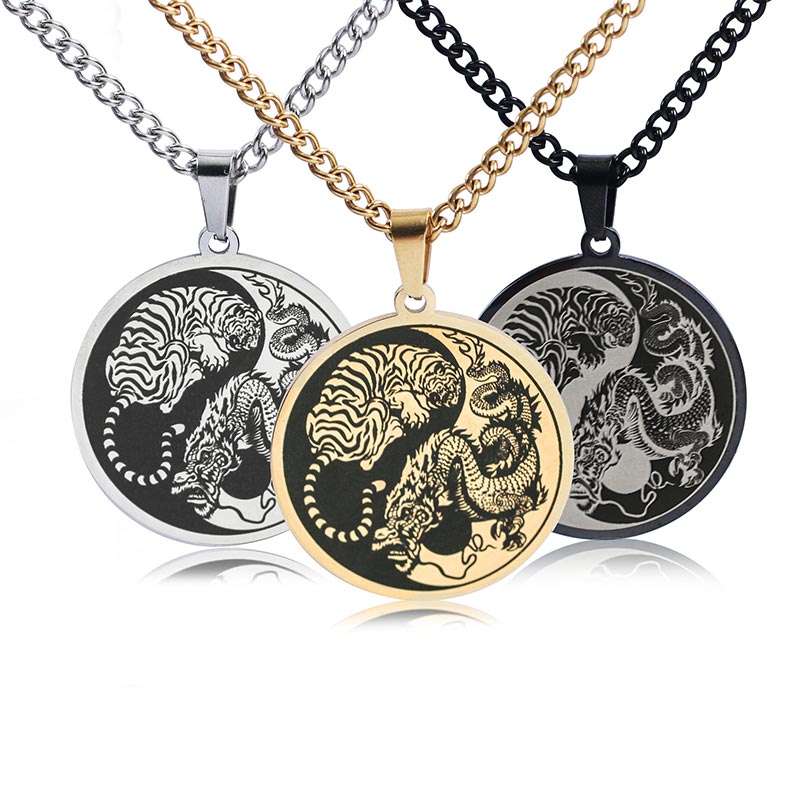 Wear FengShui Tiger Dragon Titanium Steel Chain Necklace Harmony Pendant