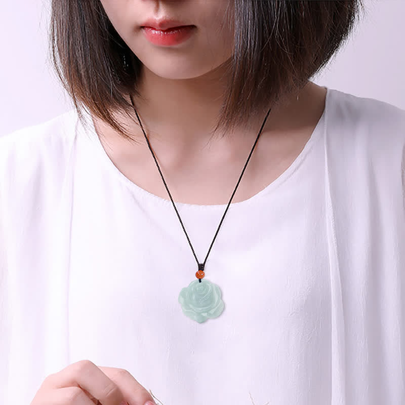 Wear FengShui Lotus Pattern Jade Abundance Prosperity Necklace String Pendant