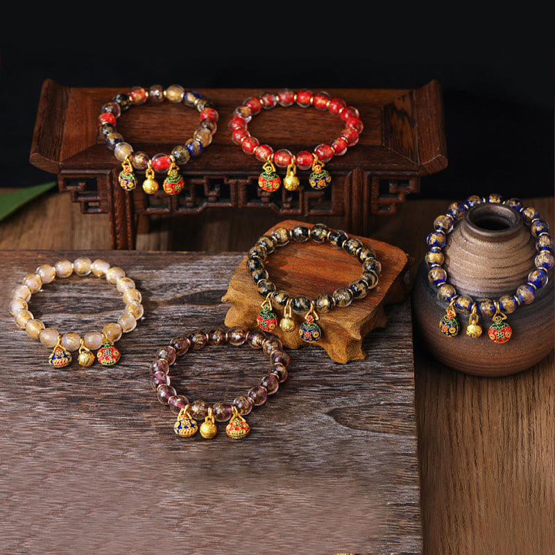 Wear FengShui Gold Swallowing Beast Family Charm Gold Silver Foil Liuli Glass Bead Blessings Bracelet