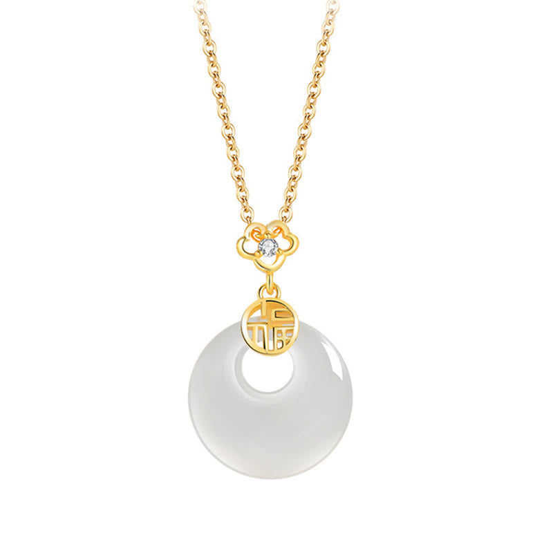 Wear FengShui 925 Sterling Silver White Agate Fu Character Happiness Luck Necklace Pendant