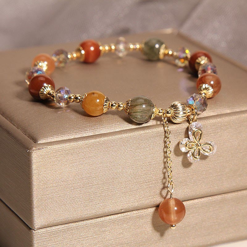 Wear FengShui Natural Fu Lu Shou Rainbow Crystal Rutilated Quartz Wealth Butterfly Charm Bracelet