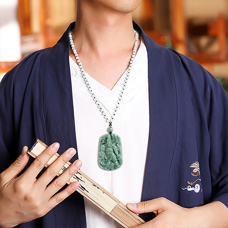 Wear FengShui Natural Jade Guan Gong Amulet Wealth Necklace Pendant