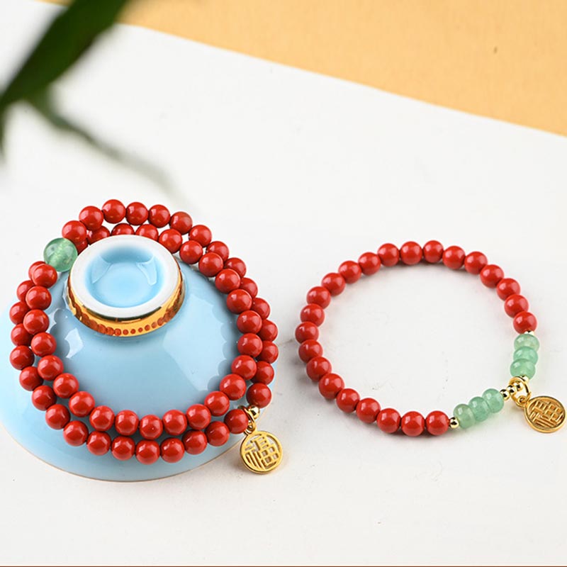 Wear FengShui Tibetan Cinnabar Green Aventurine Luck Bracelet Necklace