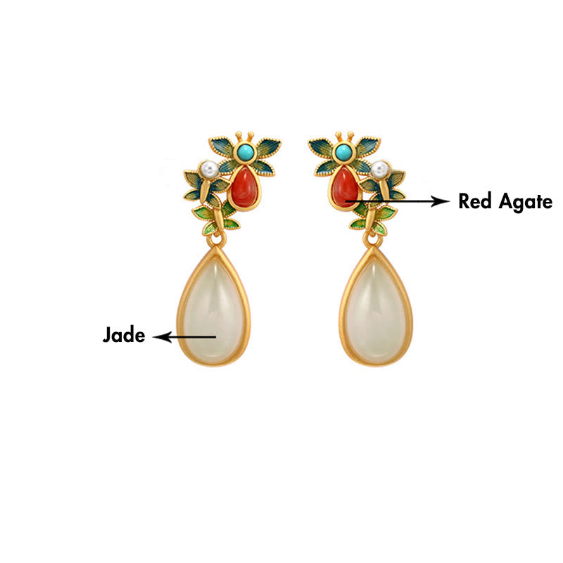 Wear FengShui Water Drop White Jade Red Agate Butterfly Protection Drop Dangle Earrings
