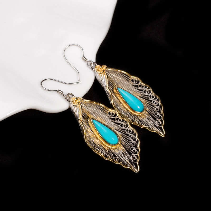 Wear FengShui 925 Sterling Silver Turquoise Bodhi Leaf Pattern Protection Drop Dangle Earrings