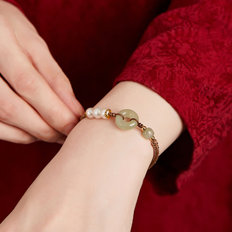 Wear FengShui Natural Hetian Jade Pearl Peace Buckle Luck Bracelet