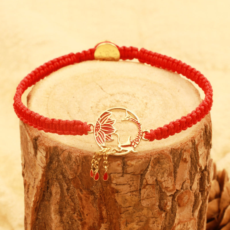 Wear FengShui Tibetan Handmade Lotus Koi Fish Lucky Red String Bracelet