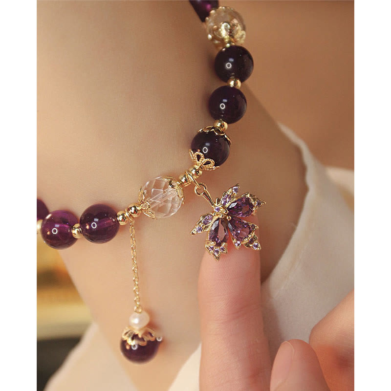 Wear FengShui 14k Gold Plated Natural Amethyst Healing Maple Leaf Charm Bracelet