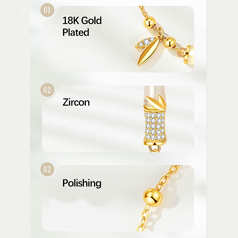 Wear FengShui 925 Sterling Silver 18K Gold Plated White Jade Bamboo Zircon Leaf Luck Bracelet