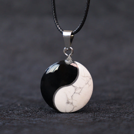 Wear FengShui Natural Black Obsidian White Turquoise Yin Yang Transformation Rope Necklace Pendant