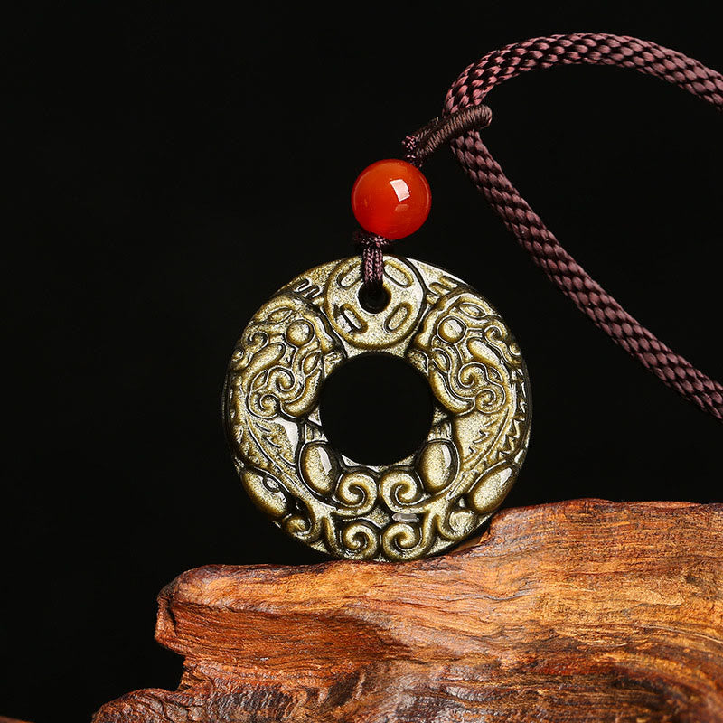 Wear FengShui Gold Sheen Obsidian Peace Buckle Pixiu Copper Coin Wealth Necklace Pendant
