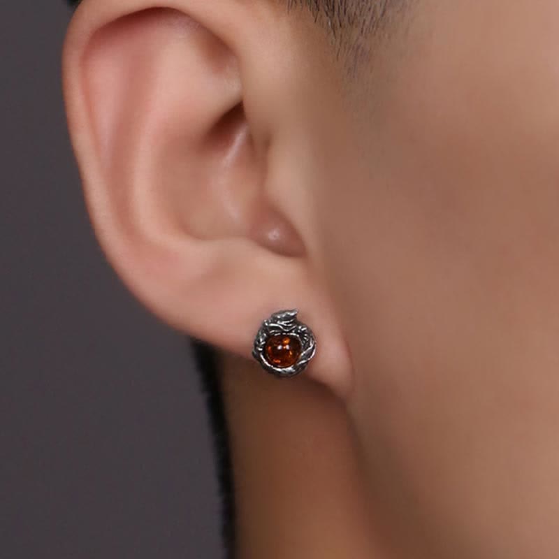 Wear FengShui 925 Sterling Silver Natural Amber Dragon Success Protection Stud Earring