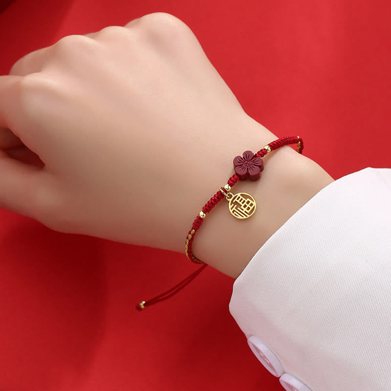 Wear FengShui Cinnabar Flower Fu Character Blessing Braided String Bracelet