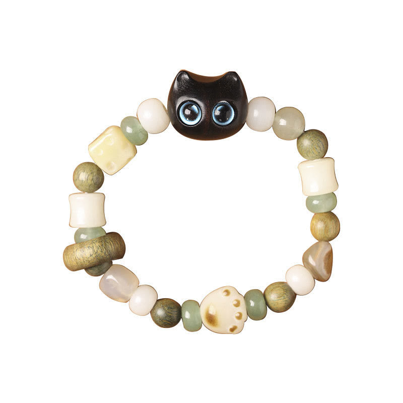 Wear FengShui Bodhi Seed Green Sandalwood Ebony Wood Small Leaf Red Sandalwood Cat Head Paw Claw Peace Bracelet