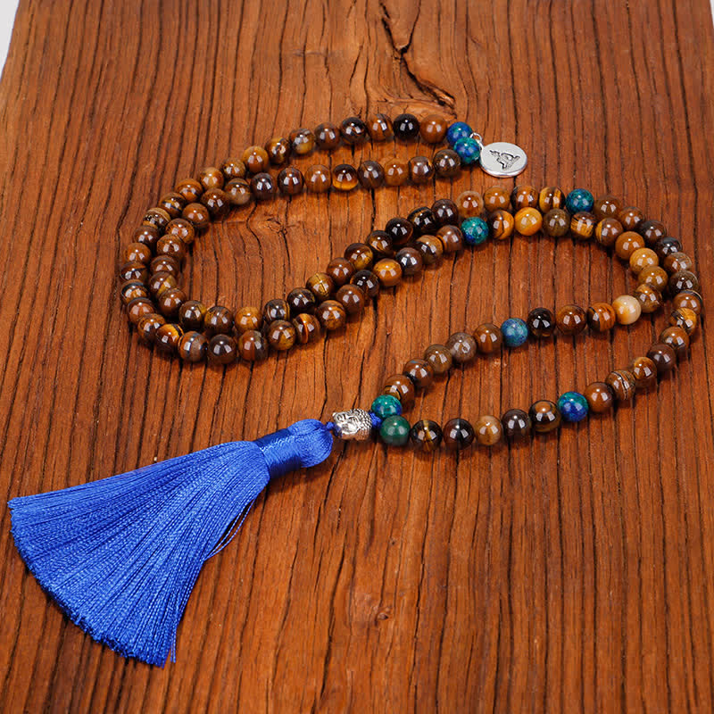 Wear FengShui 108 Mala Beads Tiger Eye Buddha Strength Bracelet Tassel Necklace Pendant