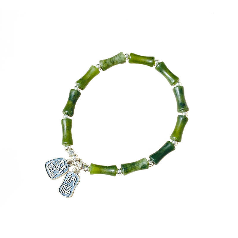 Wear FengShui 925 Sterling Silver Bamboo Jade Lucky Cat Fu Character Luck Abundance Bracelet