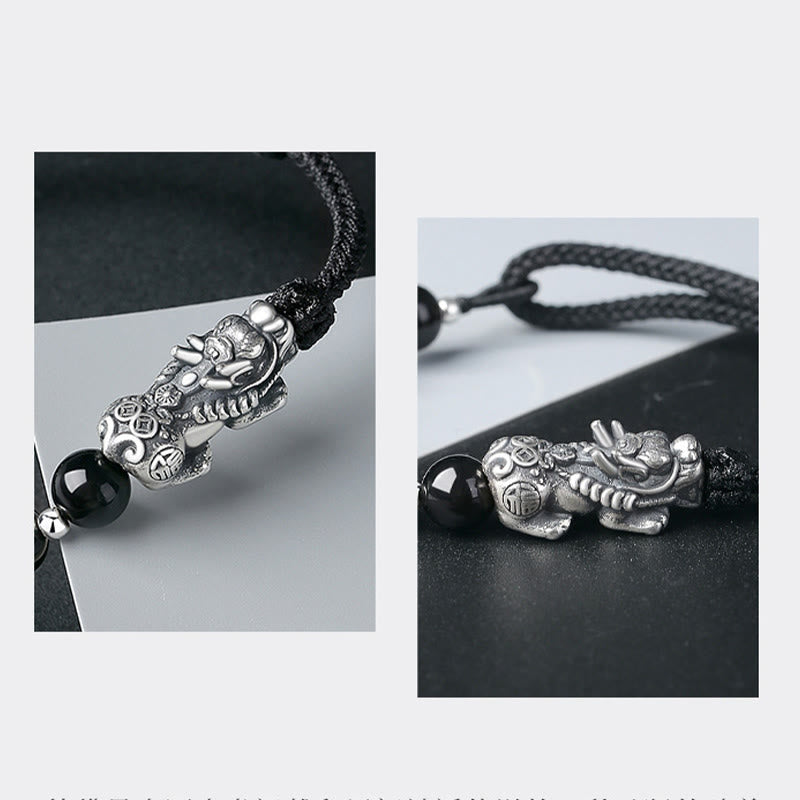 Wear FengShui 999 Sterling Silver FengShui PiXiu Natural Black Obsidian 925 Sterling Silver Bead Strength Bracelet