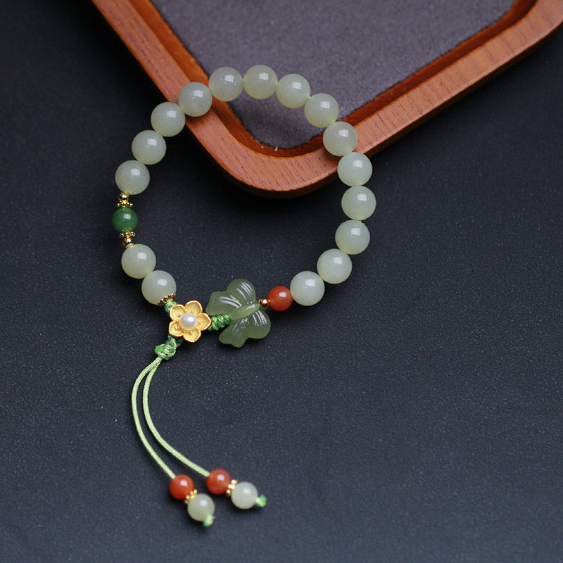 Wear FengShui 925 Sterling Silver Jade Luck Flower Butterfly Bracelet