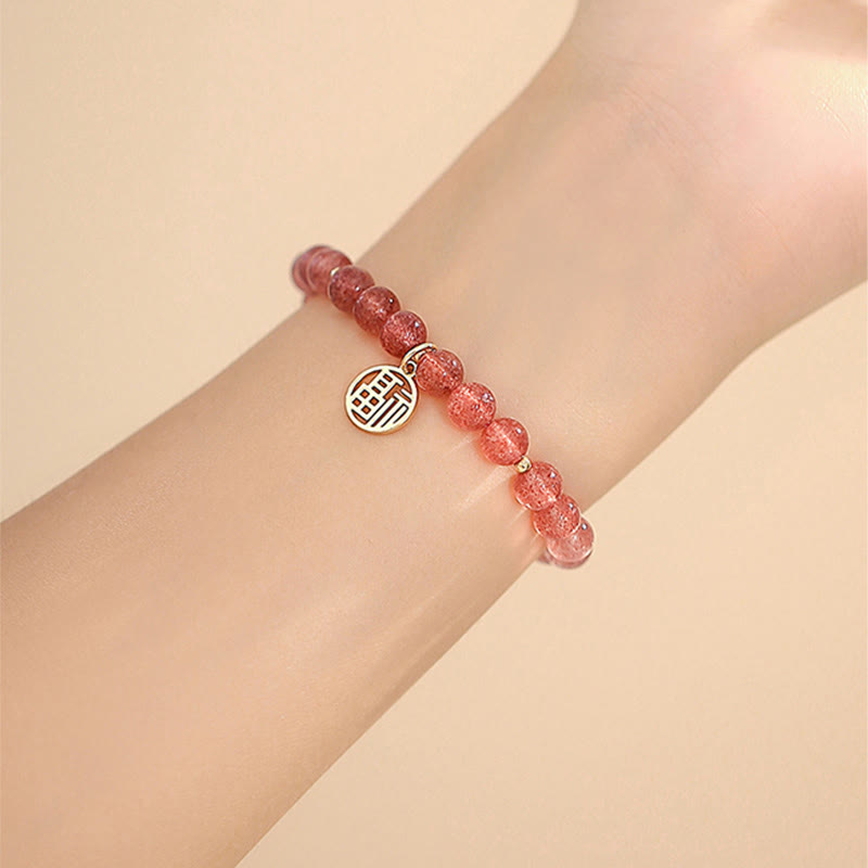 Wear FengShui 14K Gold Plated Strawberry Quartz Fu Character Healing Charm Bracelet
