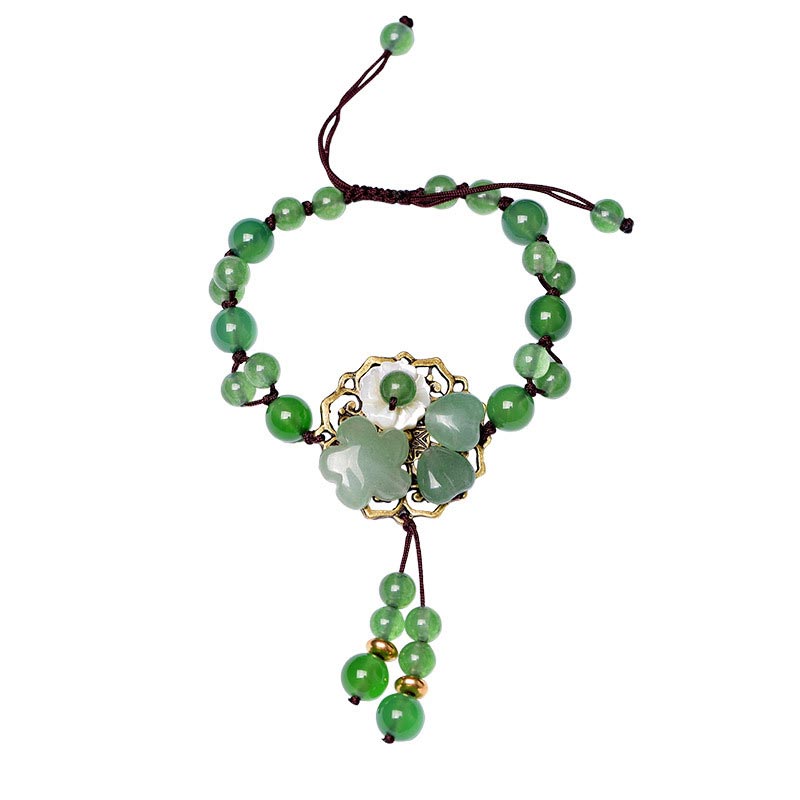 Wear FengShui Natural Green Jade Luck Dangling Flower Bracelet